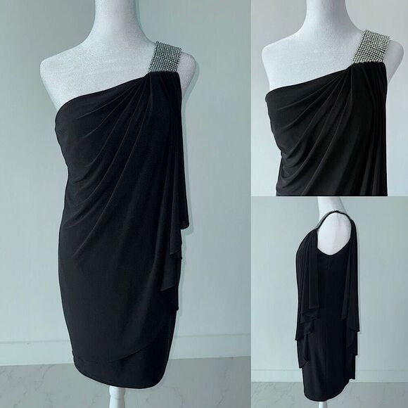 Excellent Vintage Y2K Rhinestone Strap Sash One Shoulder Dress by Cache - Picture 1 of 6